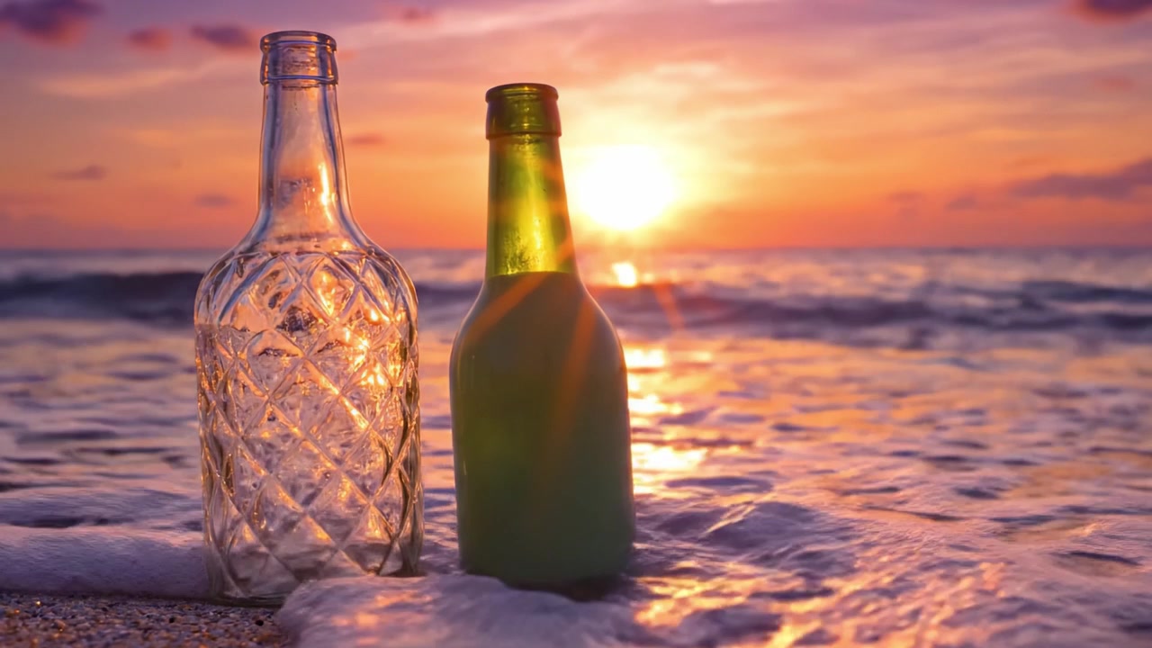 Due Bottiglie Che Riflettono il Bagliore Dorato del Tramonto su una Spiaggia Serena, Catturando l'Essenza della Tranquillità Costiera e della Bellezza Naturale in una Scena Maestosa.