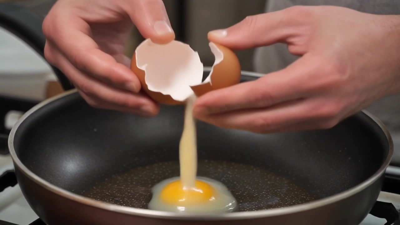 Person knekker et ferskt egg i en stekepanne
