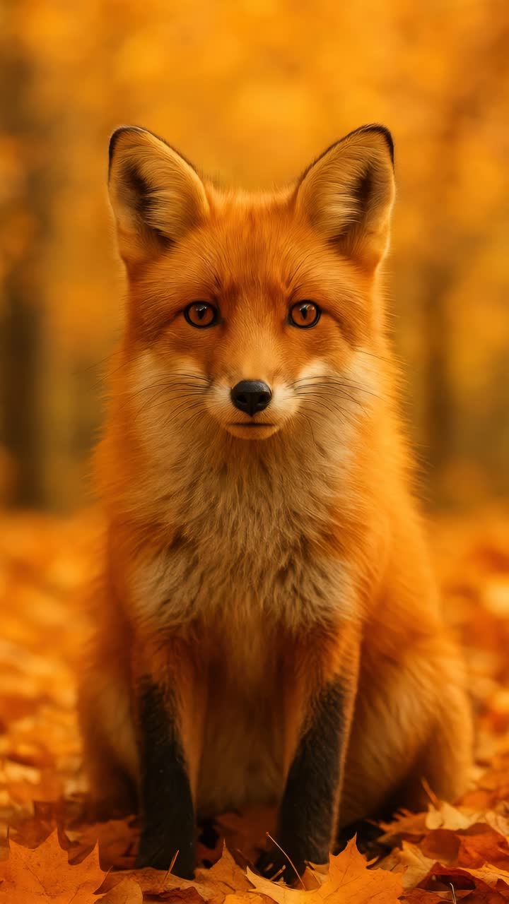 Una vivace scena autunnale con una volpe tra le foglie cadute. L'angolo ravvicinato cattura il suo sguardo