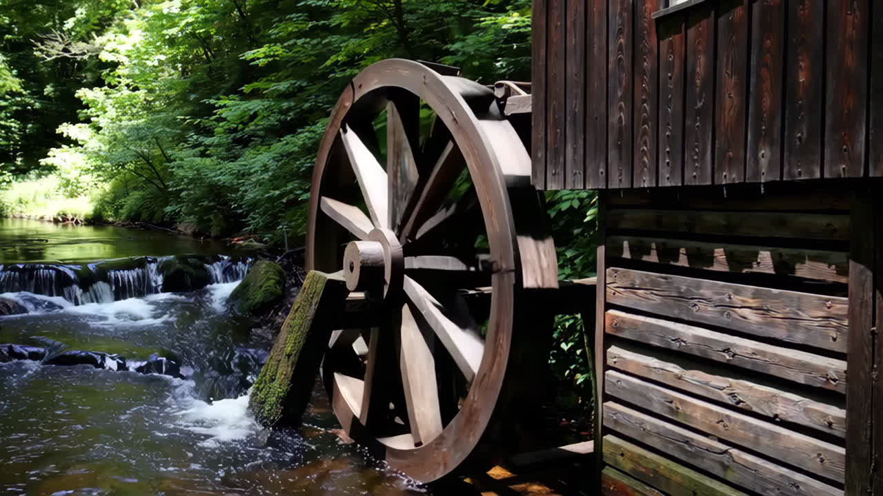 Wooden Water Wheel and Mill by a Creek