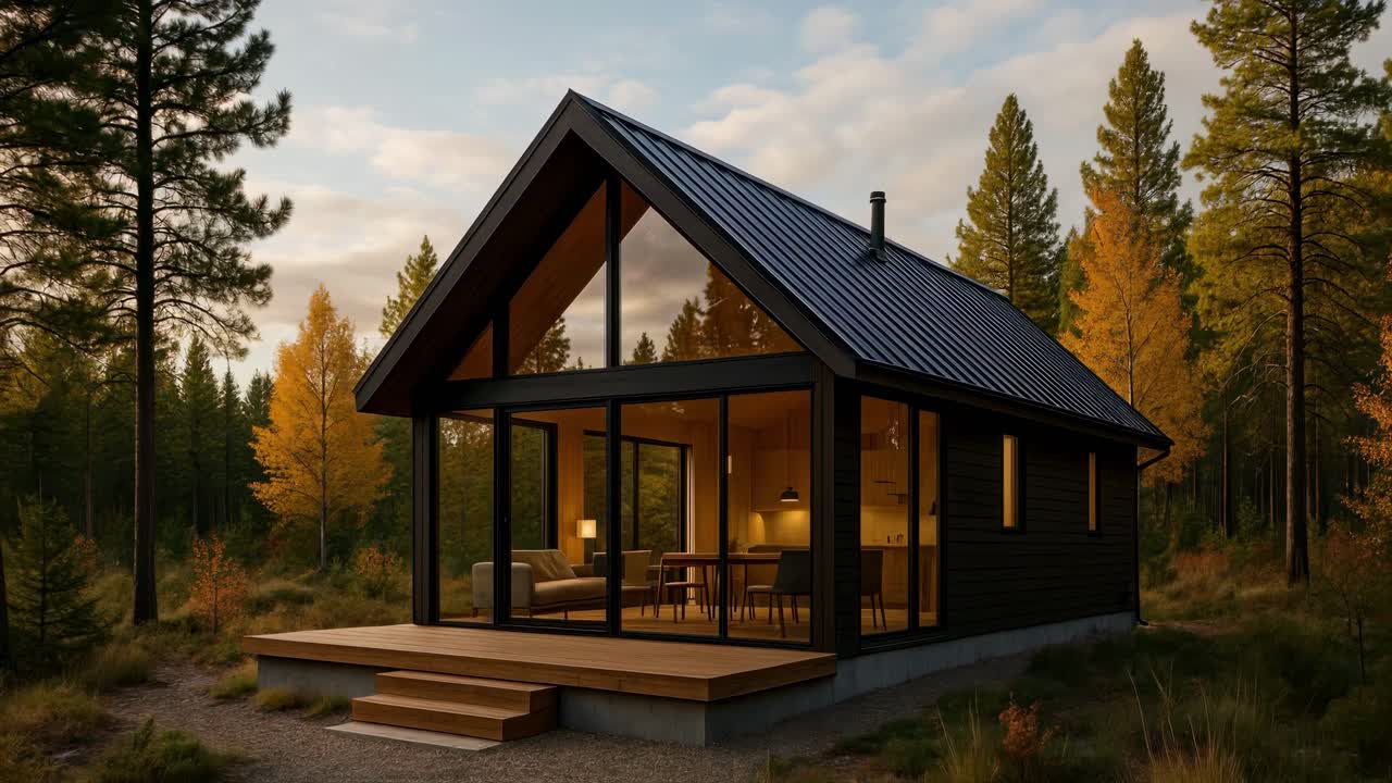 A cozy cabin in a forest setting at sunset, captured from a low angle