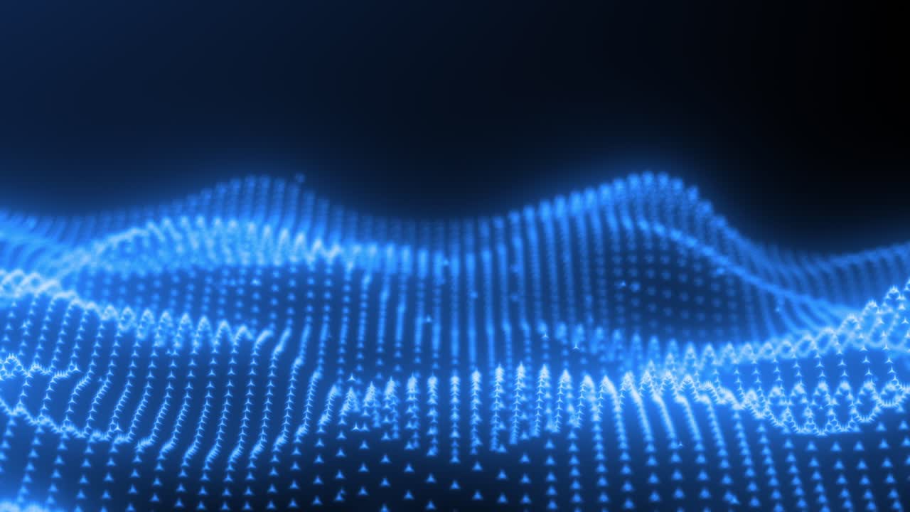Blue plane in continuous wavy motion emitting glowing triangle sub-particles