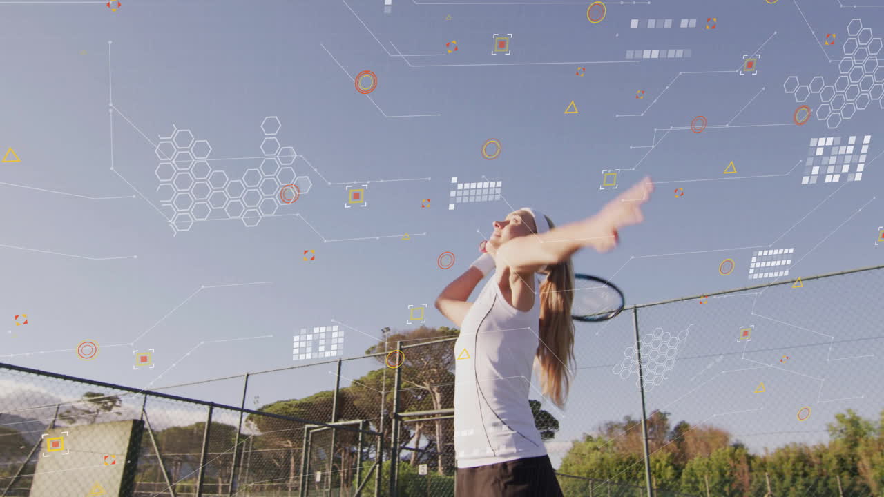 Female tennis player serving ball on outdoor court, showcasing sports tech graphs and data overlays