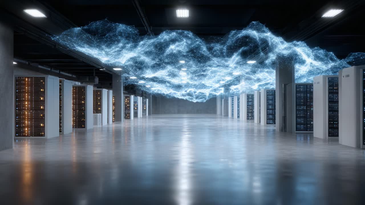 A Stunning Visual of a Modern Data Center with Dynamic Cloud-Like Structures Flowing Above the Server Racks, Representing High Technology and Digital Innovation