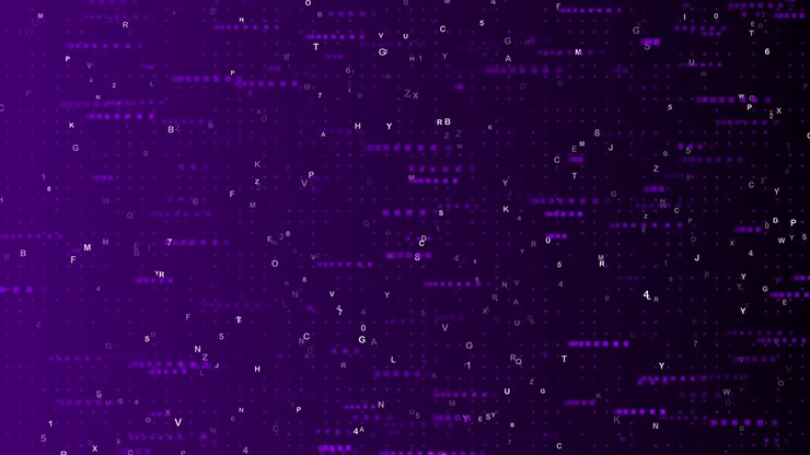 Digital Data Stream with Floating Letters and Numbers on Purple Background