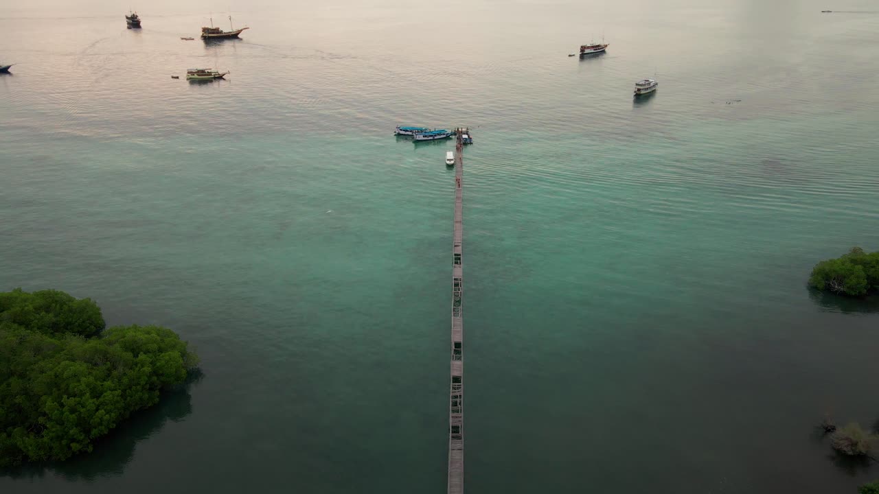A wooden pier stretches into a calm bay on Komodo Island, Indonesia, with several boats docked at its end. The camera zooms out to reveal coastal hills and beach with emerald-colored sea.