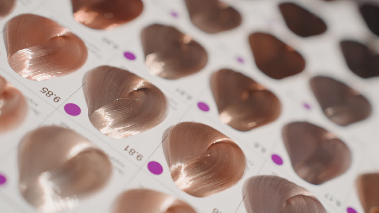 closeup hair color swatch palette metallic copper, manicured fingers pointing to sample chips, glossy shimmer and warm bronze tones, numbered chart dots, studio lighting highlighting texture, salon