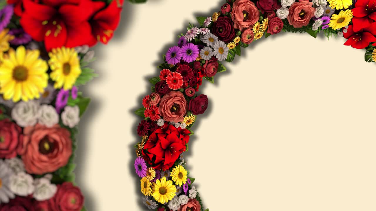 Animation of a swirling ring of flowers on a light background. 4K video loop
