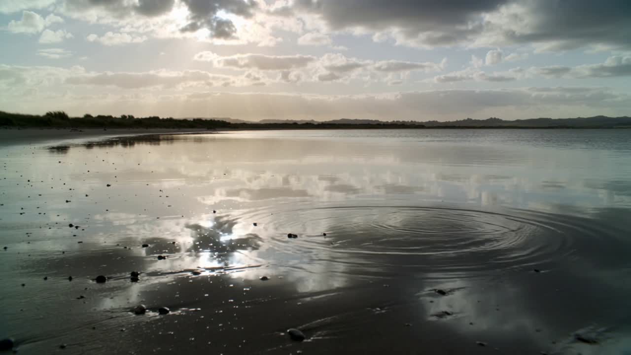 Appearing near sun reflection, ring sending concentric ripples across tidal flat, distorting clouds
