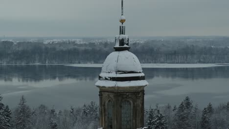 aerial view of pažaislis monastery dome in winter time