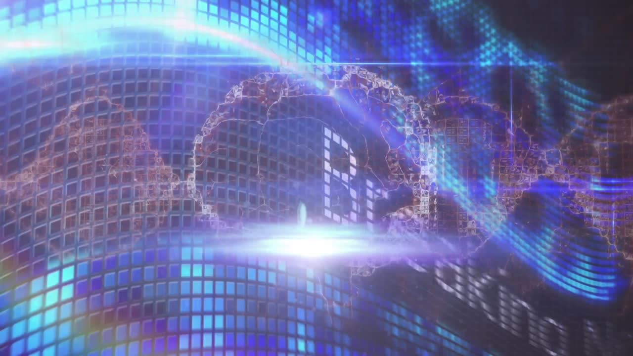 검은 바탕에 움직이는 기둥 위에 디지털 뇌와 빛의 트레일의 애니메이션