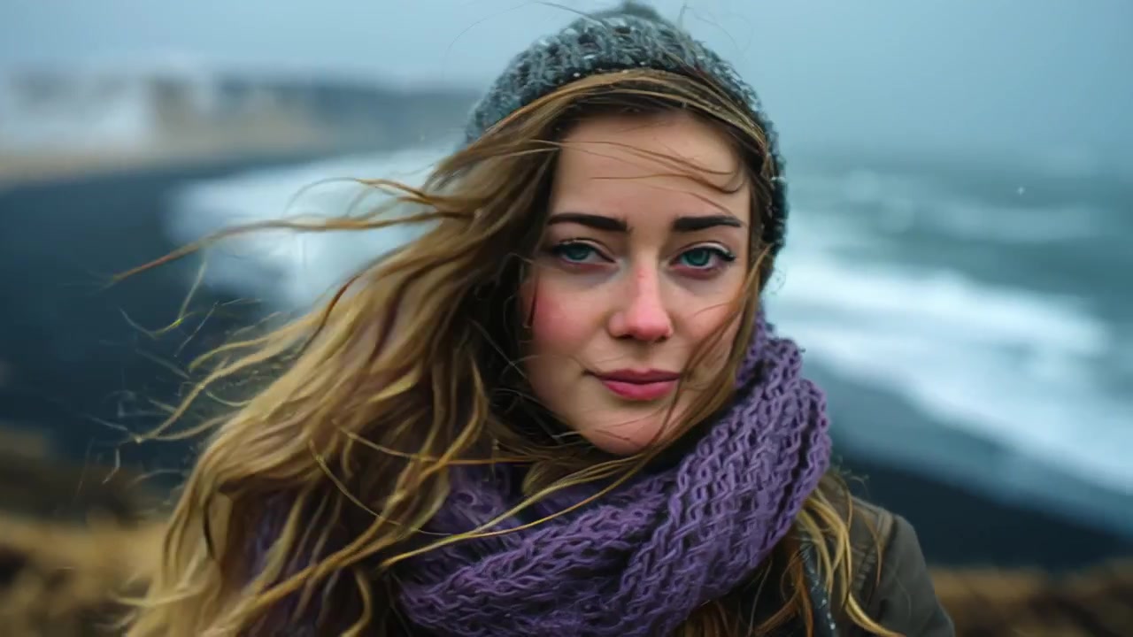 Riprese in primo piano di una giovane donna con cappello e sciarpa di lana e i capelli scompigliati dal vento, vicino a un mare agitato in una giornata fredda, concetto di clima costiero cupo e viaggio.