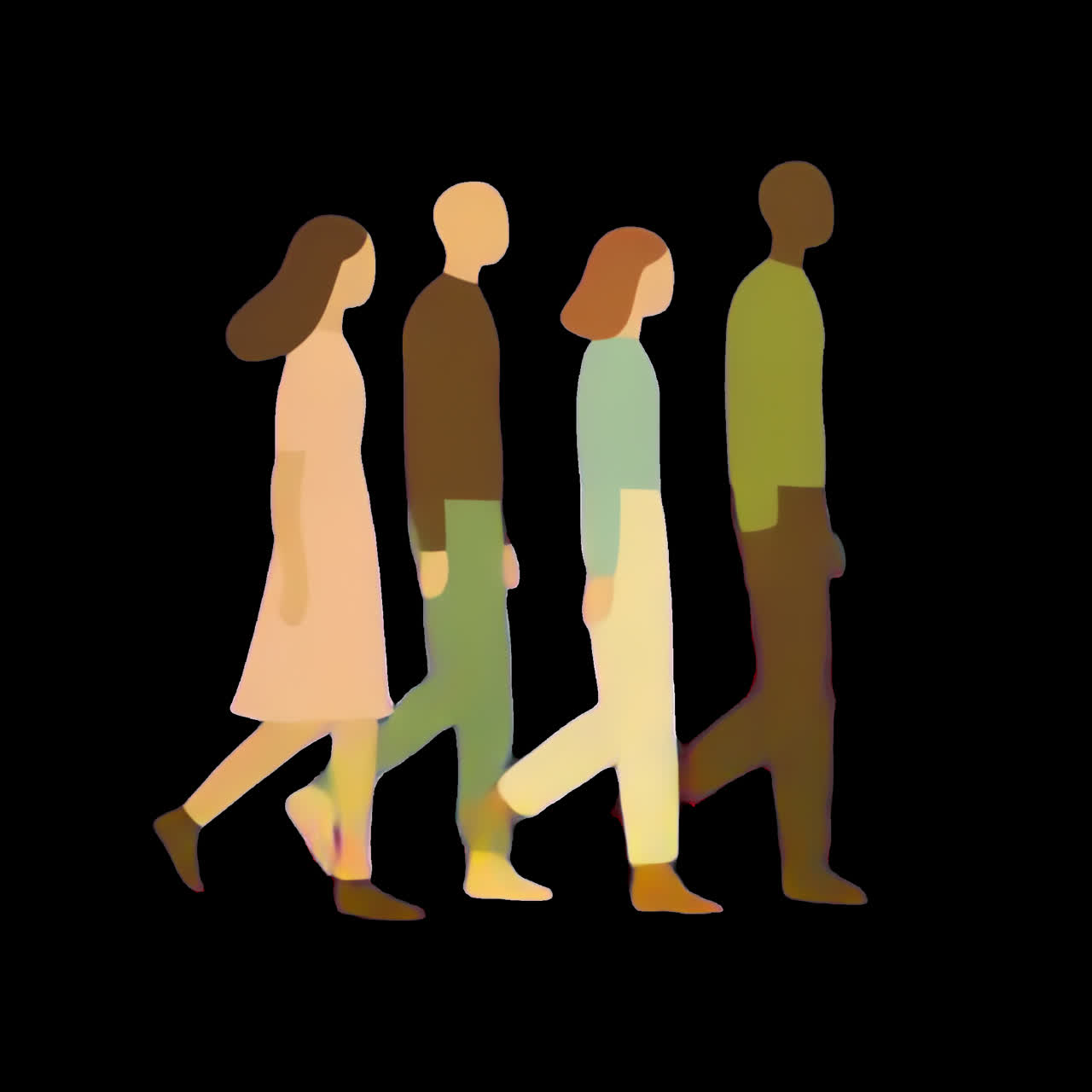 Diverse minimalist walking illustration animation isolated asset, transparent 4K video, alpha