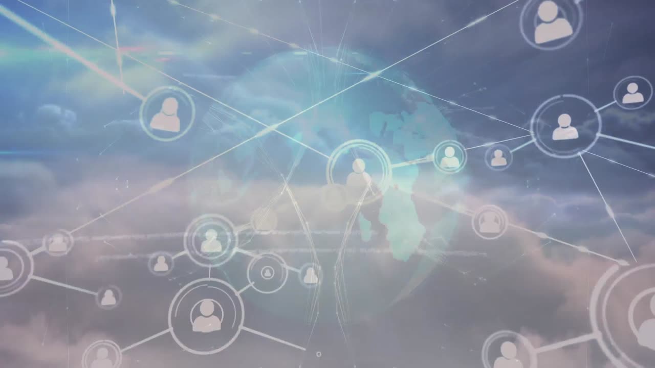 아이콘과 하늘 위의 지구로 연결된 네트워크의 애니메이션