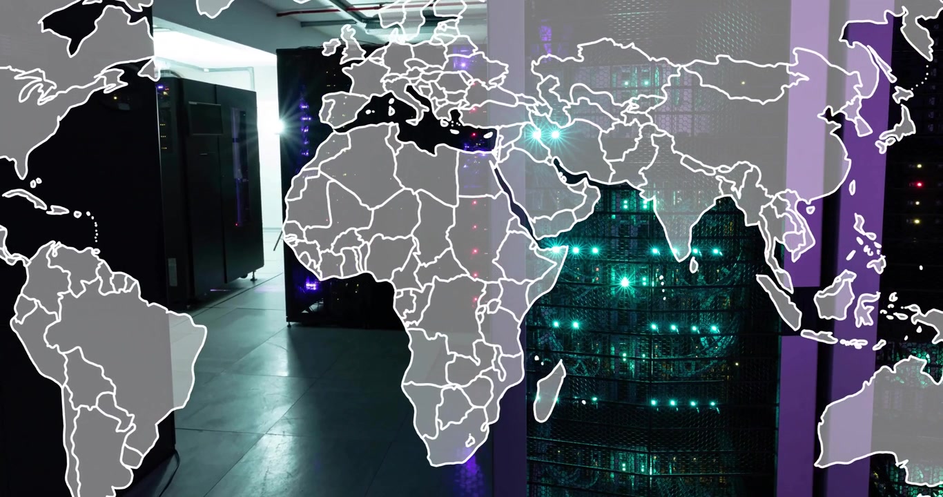 Animation of grey world map over glowing computer servers in server room