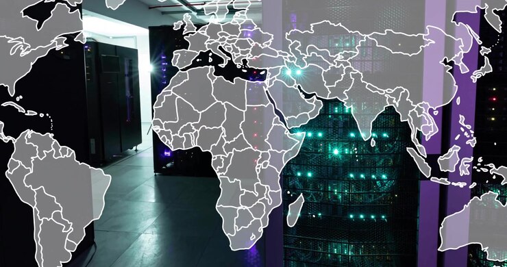 Animation of grey world map over glowing computer servers in server room