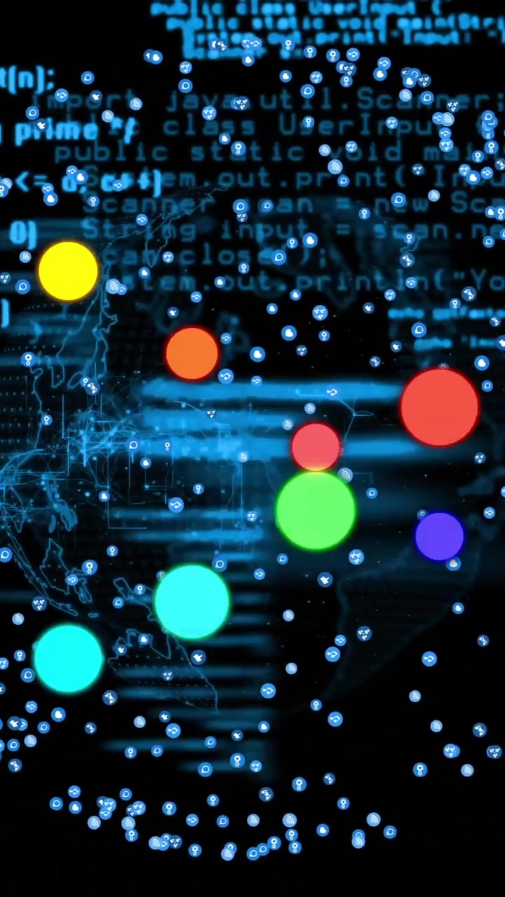 Animating colorful nodes and connections over programming code background