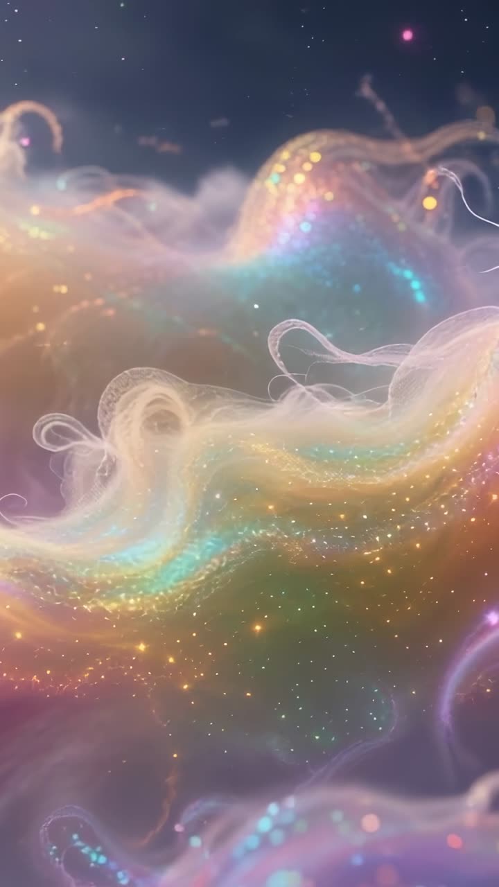 Vertical video: Initiating pastel light clouds billowing, morphing across deep space with sparkles