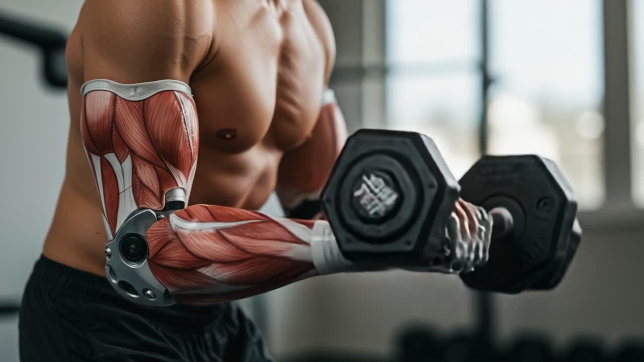 A close-up view of a muscular arm showcasing detailed anatomical muscle graphics while lifting a dumbbell in an indoor gym setting, highlighting fitness and strength training