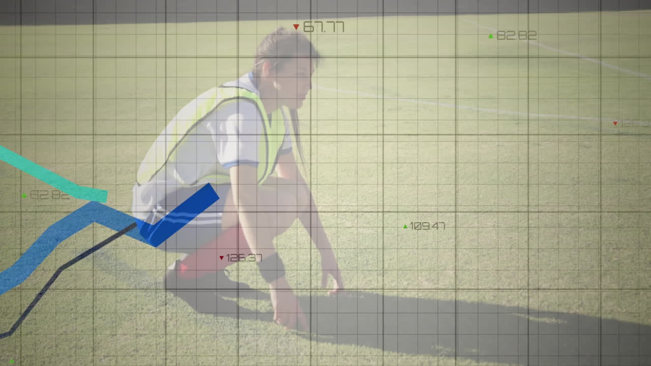 Person crouching on field with graph and data overlay animation