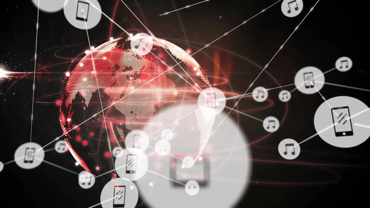 Globo digital con iconos de móvil y música conectados