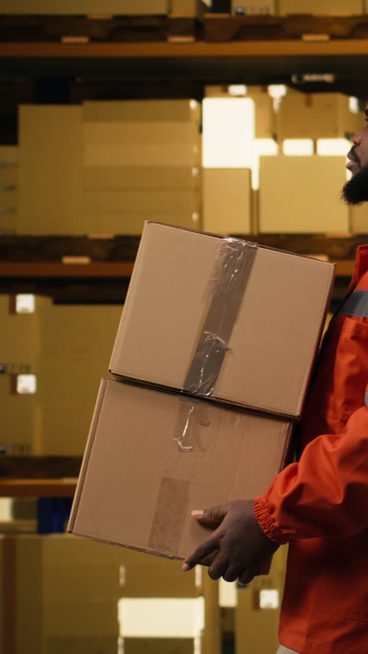 Vertical Video African American Man Employee Coordinating Cargo Dispatch With Safety Vest