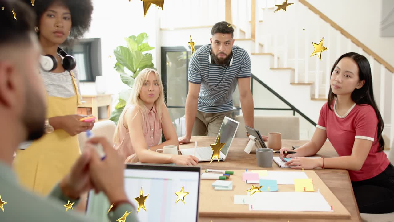 Presenter on laptop lead leaning gesturing team planning business with notes popping around laptops