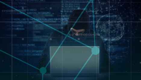 animación del globo de redes de conexiones a través de un hacker usando una computadora portátil