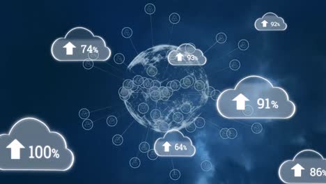 animation of clouds with uploading over globe rotating with diverse icons