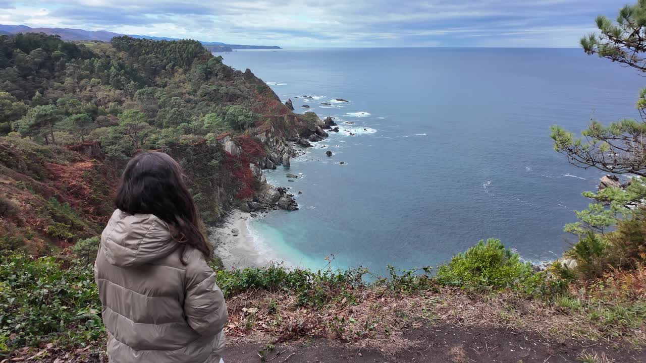 A person stands overlooking a steep coastal bay with blue waters and rocky cliffs