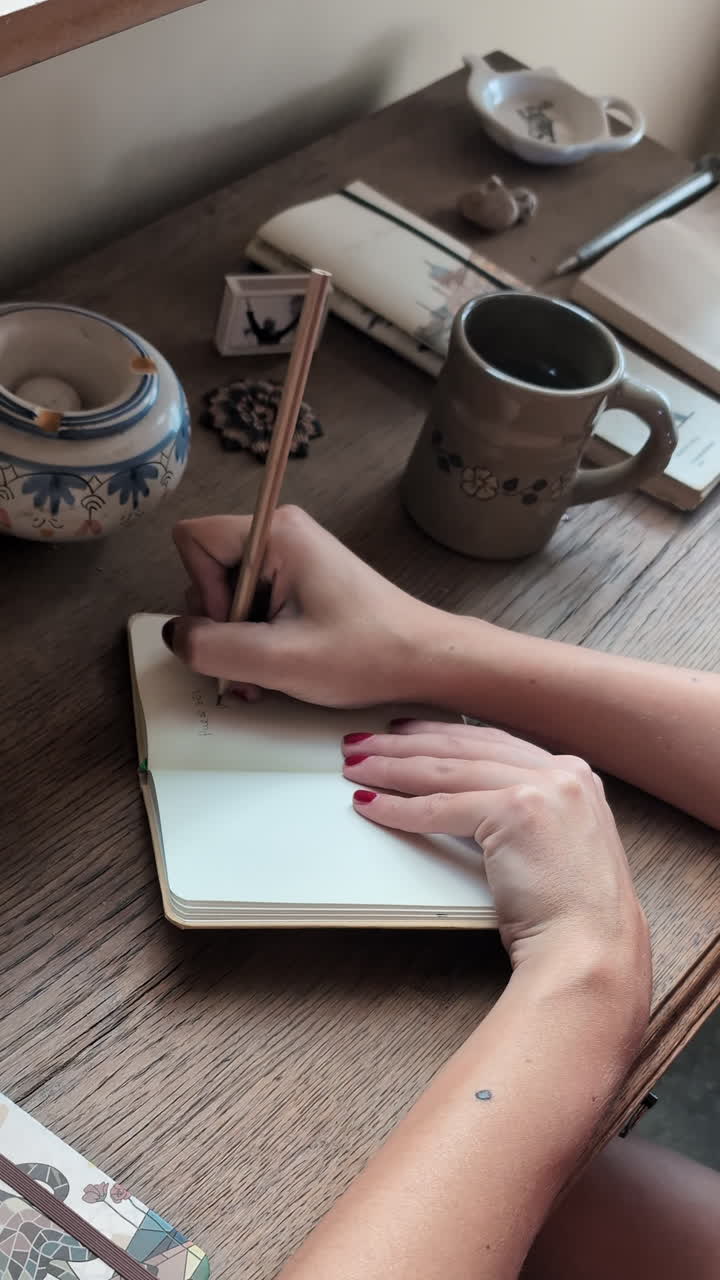 Primo piano di mani che scrivono su un quaderno su una scrivania di legno