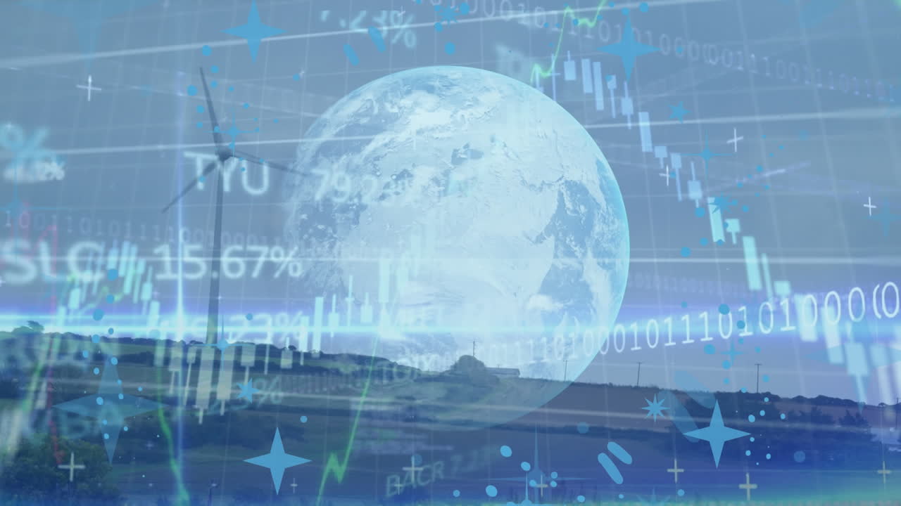 풍력 터빈으로 금융 데이터, 지구 및 풍경의 애니메이션