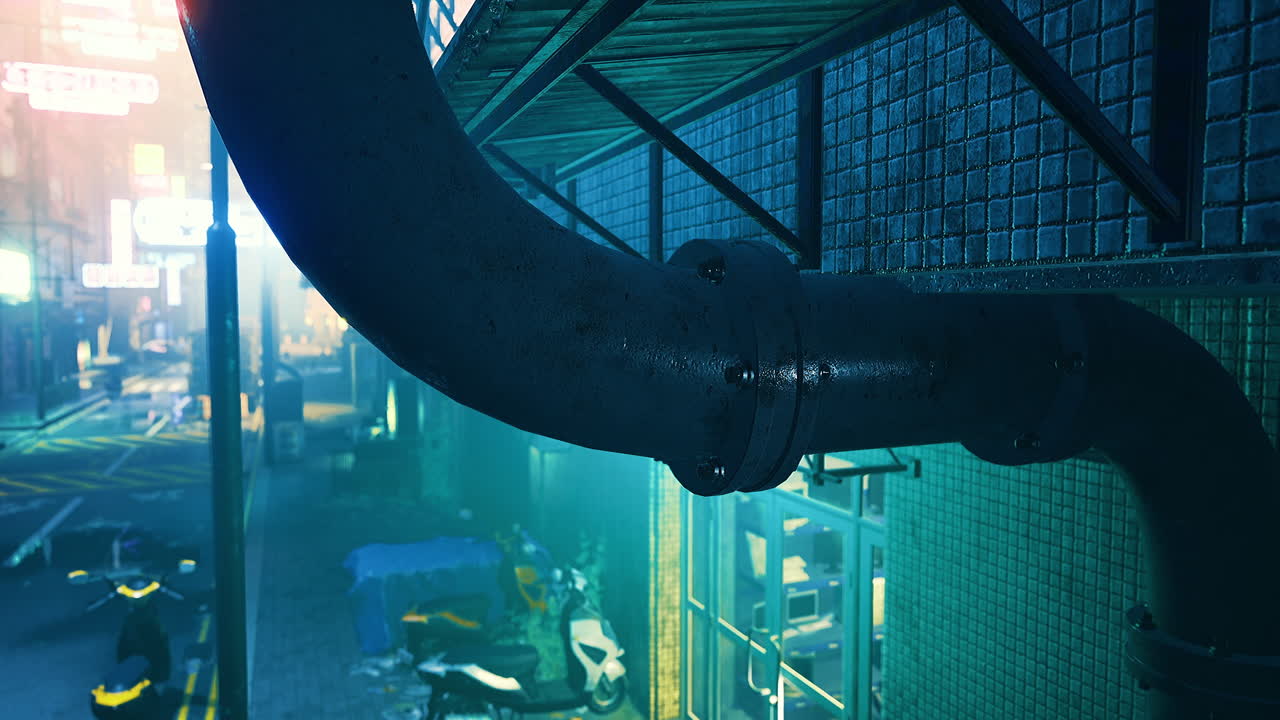 Urban alley with pipes and neon lights in a futuristic cityscape at night