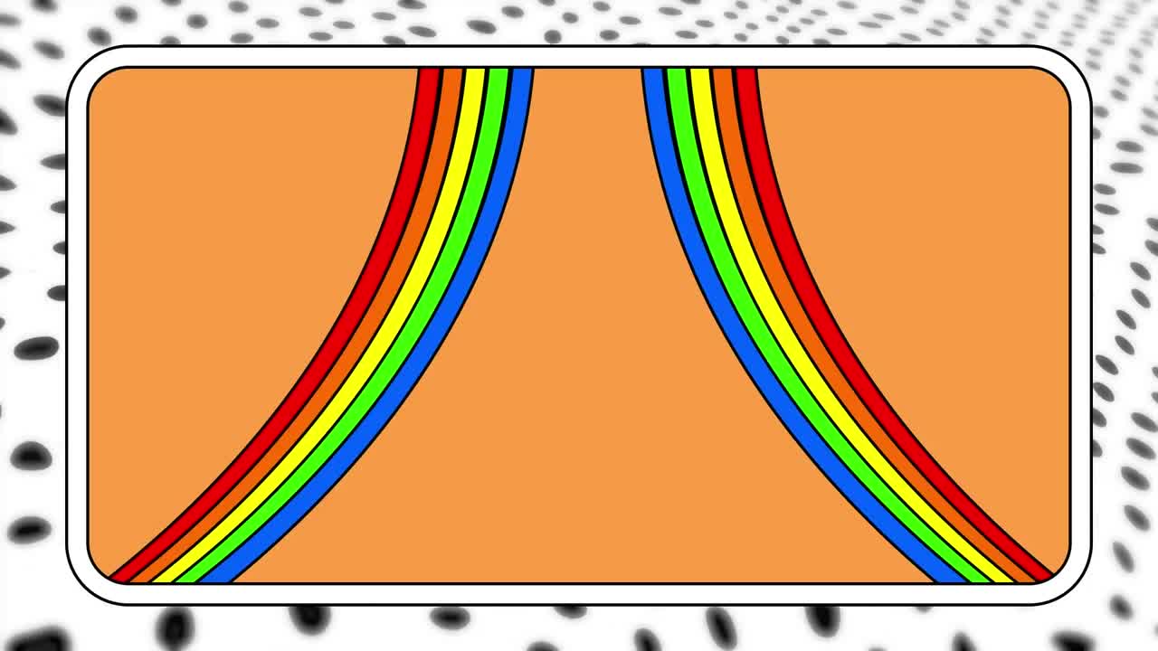 오렌지색 직사각형 위에 있는 무지개 선의 애니메이션이  ⁇ 색 위에 있는 검은 점들을 움직이고 있습니다.