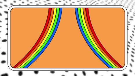 animation of rainbow lines on orange rectangle over moving black dots on white