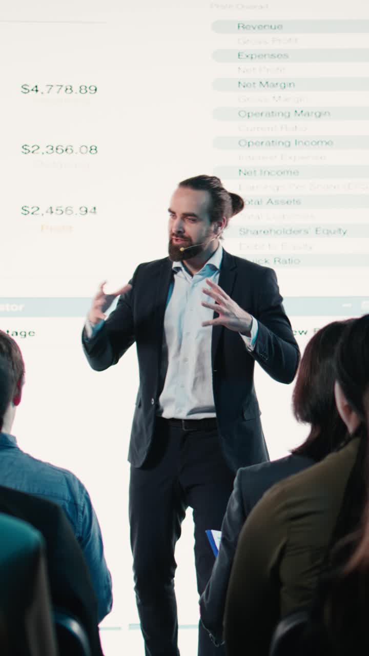 Vertical Video Professional businessman on stage delivering motivational speech