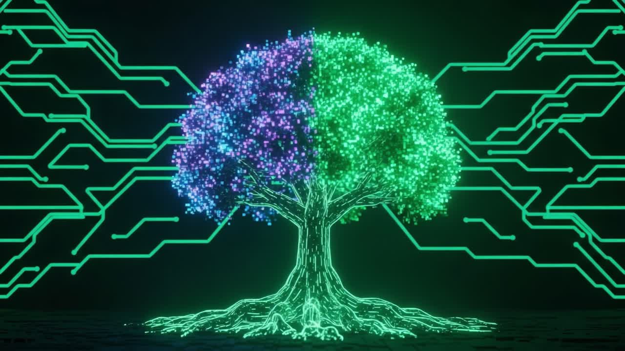 Digital Tree Symbolizing Innovation and Technology, Merging Nature with Futuristic Circuit Patterns, Representing Harmony Between Organic and Digital Worlds