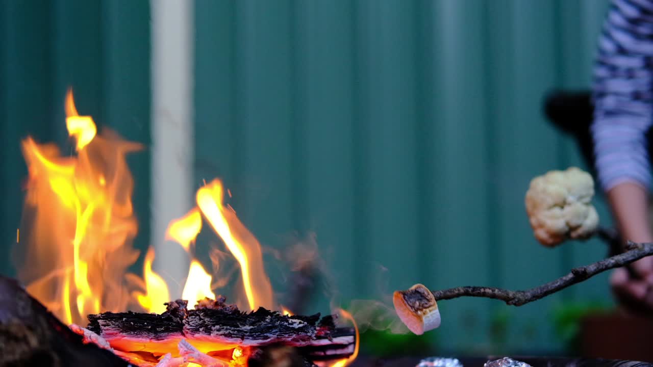 Roasting marshmallows on flames of a open wood fire