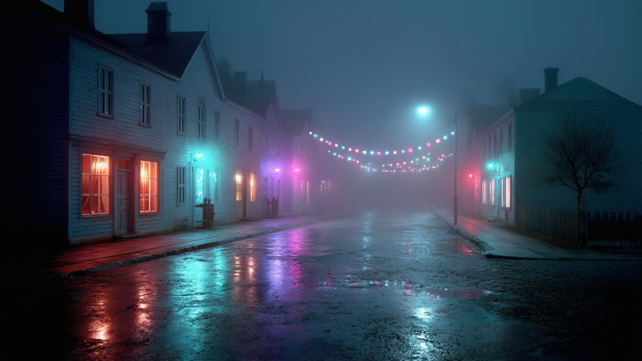 Paesaggio notturno urbano misterioso: una strada nebbiosa illuminata da luci colorate e riflessi crea un'atmosfera surreale in un ambiente enigmatico