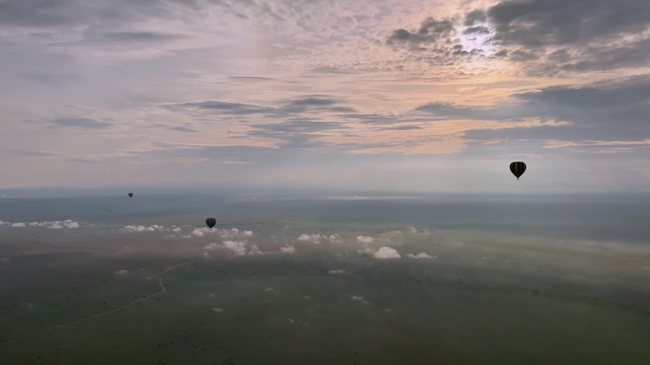 una vista panorámica con globos de aire caliente sobre la sabana en el parque nacional serengeti en tanzania.