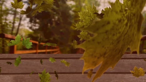 digital animation of multiple autumn leaves floating over wooden surface against forest