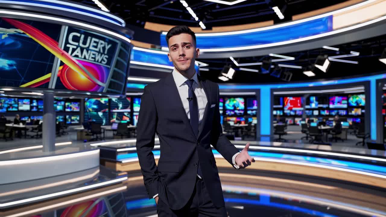 Busy newsroom interior with multiple screens showing live graphics, professional news anchor reporting current events and interacting with broadcast audience