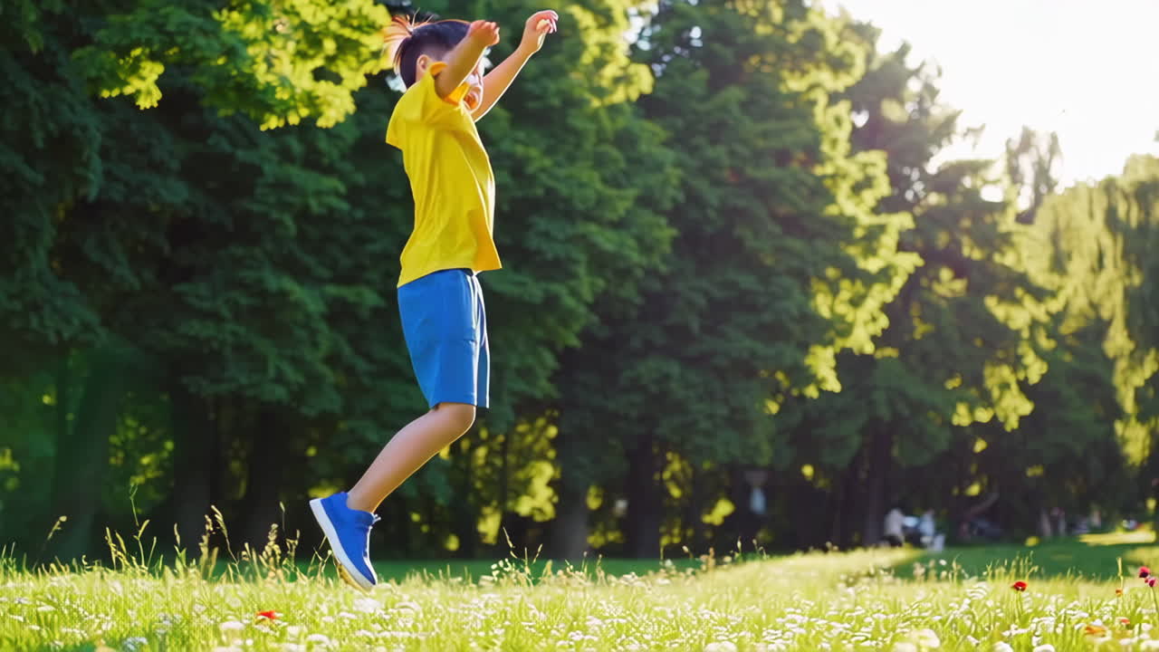 Un bambino felice che gioca e salta in un parco soleggiato.