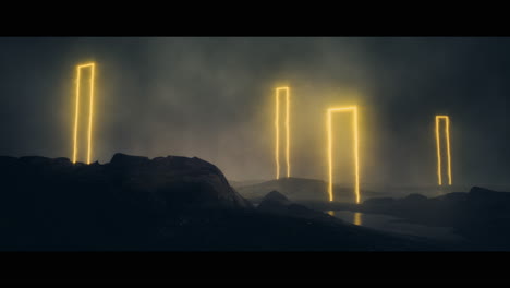 rocky landscape with huge yellow light portal structures