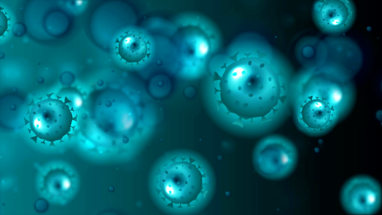 Dark blue abstract motion background with COVID-19 bacteria cells