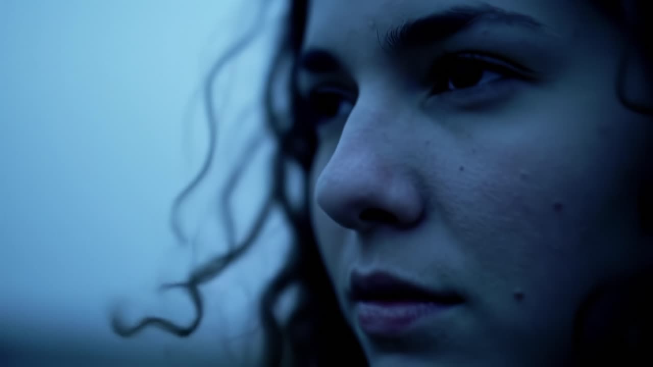 A Pensive Moment Captured in Cool Hues: Introspection and Reflection on a Gloomy Day, Highlighting Emotions and Human Experience with a Focus on Contemplation