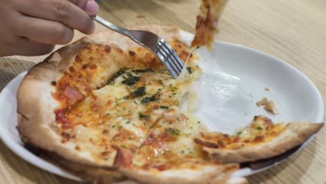 slice of cheese pizza on a plate on wooden table