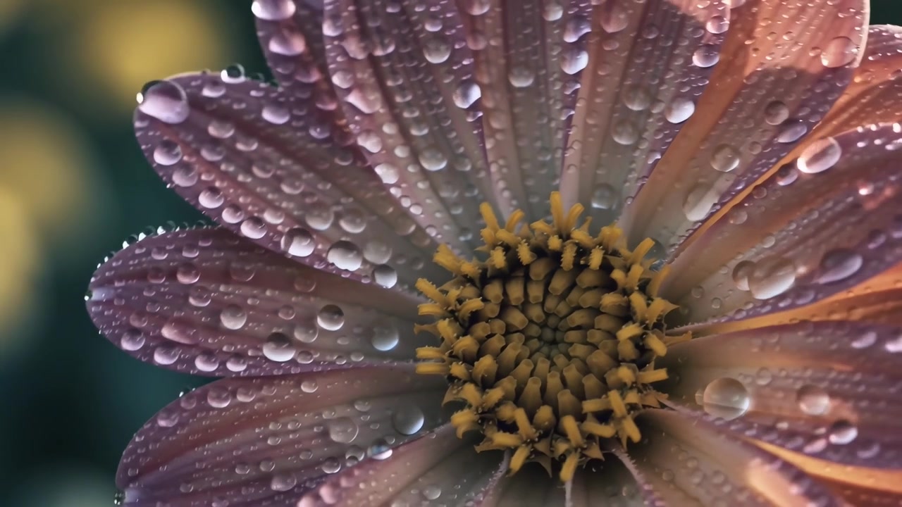 露に濡れた花に蜂が止まるクローズアップ