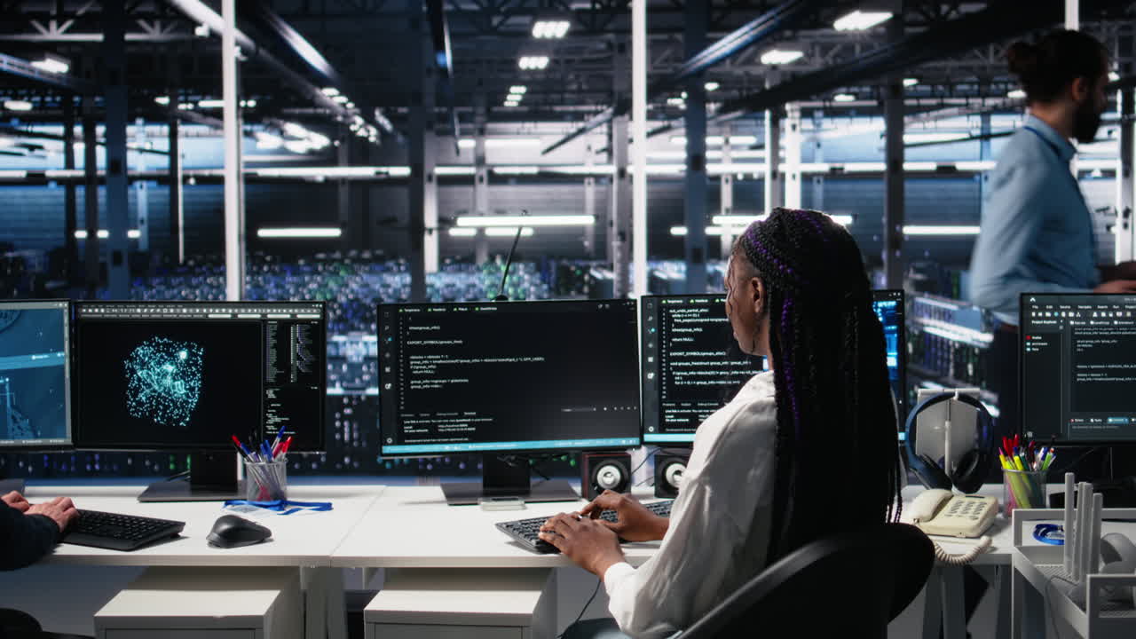 Data Center Female Programmer Uses Machine Learning Algorithms To Analyze Datasets