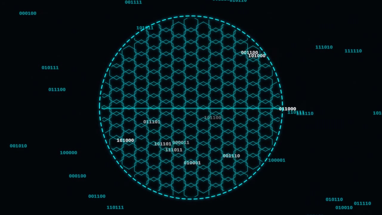 Digital Binary Code Flowing Through a Glowing Geometric Circle